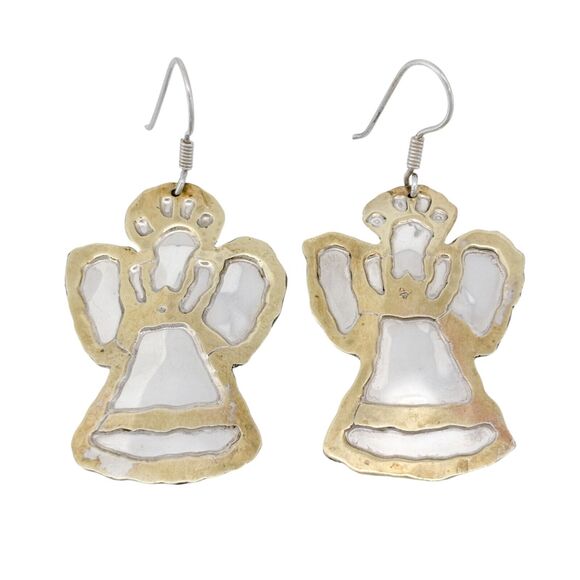 Two-Tone Angel Dangle Earrings | Vintage Mexico Sterling Silver 925 - Picture 2 of 6